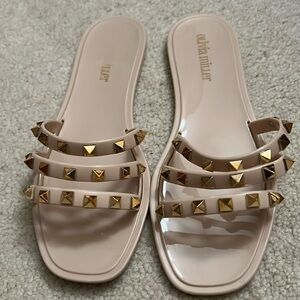 Blush pink studded slides. Size 6